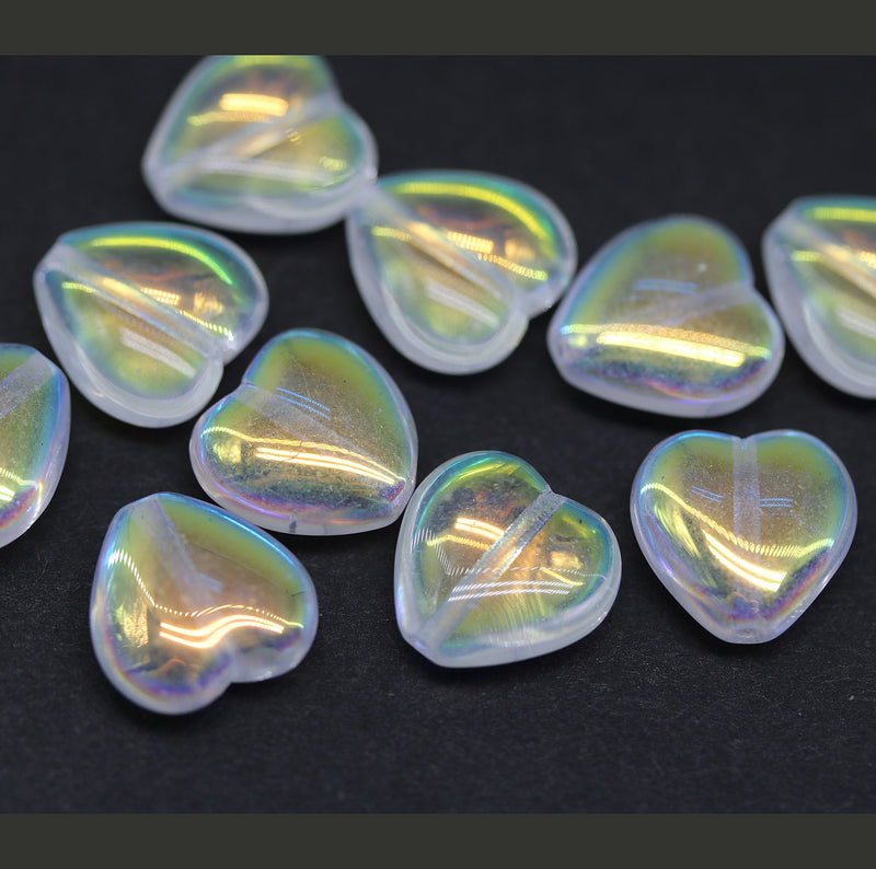 12mm Crystal clear Czech glass heart beads AB finish, 10pc