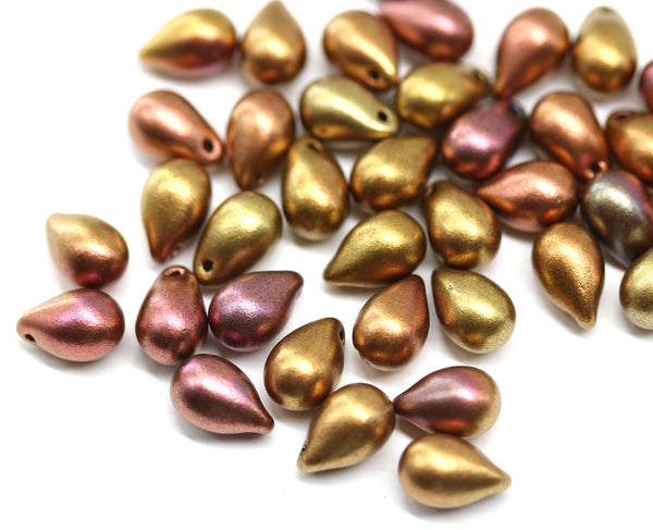 6x9mm Metallic gold purple czech glass drop beads, 40pc