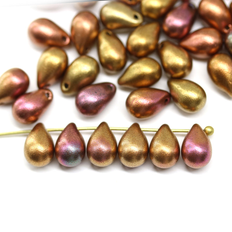 6x9mm Metallic gold purple czech glass drop beads, 40pc