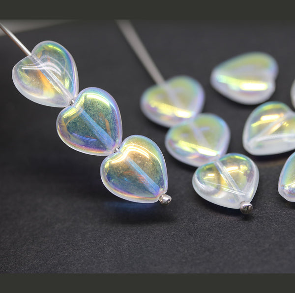 12mm Crystal clear Czech glass heart beads AB finish, 10pc