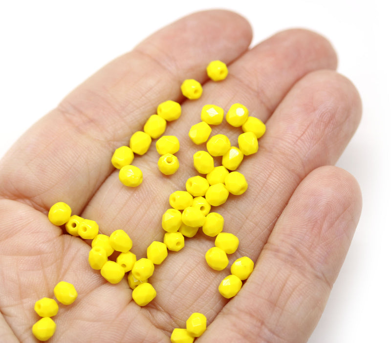 4mm Opaque Yellow beads czech glass faceted beads, fire polished spacers, 50Pc