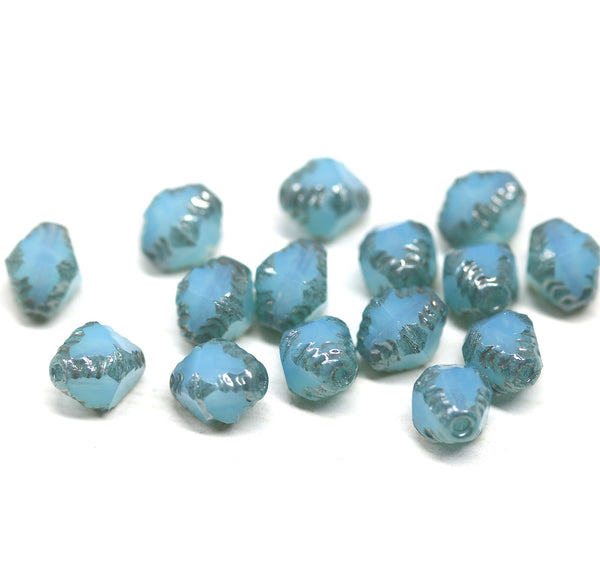8x6mm Opal blue bicone czech glass beads with silver edges - 15Pc