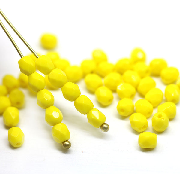 4mm Opaque Yellow beads czech glass faceted beads, fire polished spacers, 50Pc