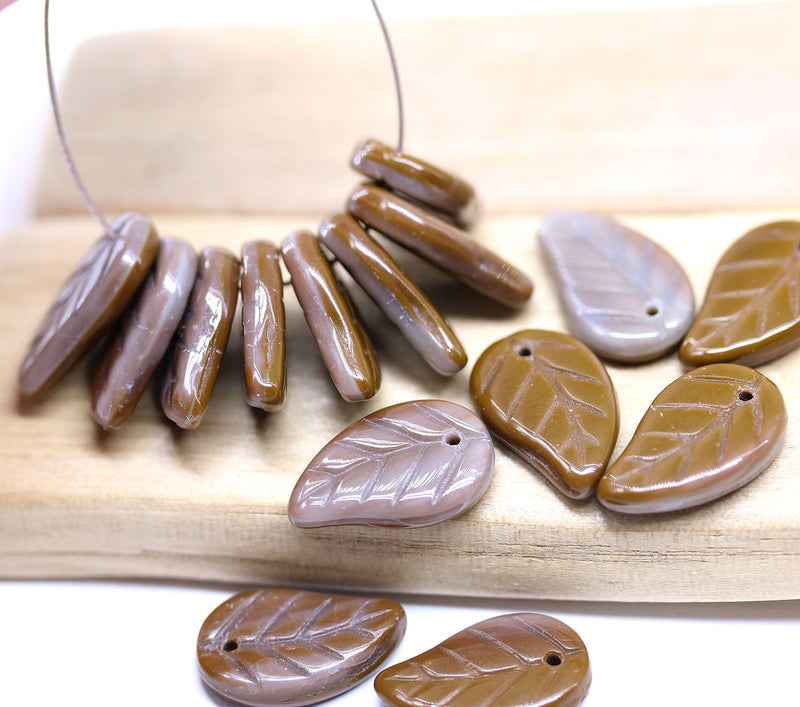 14x9mm Mixed brown Czech glass leaves, 15pc