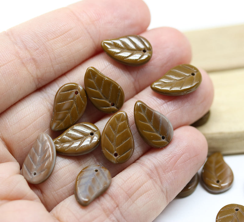 14x9mm Mixed brown Czech glass leaves, 15pc