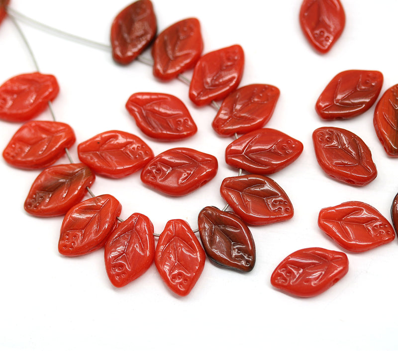 12x7mm Red opaque mixed color leaf Czech glass beads, 30pc
