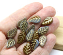 14x9mm Blue brown Czech glass leaves, gold wash, 15pc