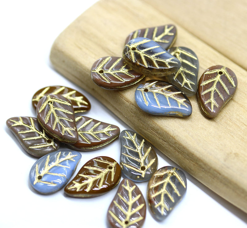 14x9mm Blue brown Czech glass leaves, gold wash, 15pc
