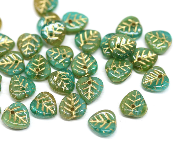 9mm Mixed green heart shaped leaf green with gold wash - 30pc