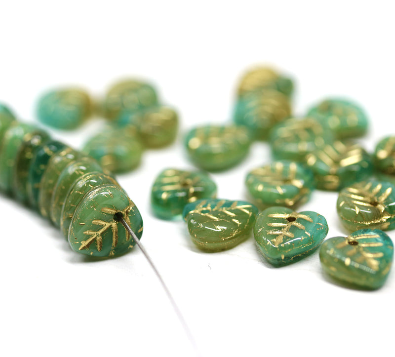 9mm Mixed green heart shaped leaf green with gold wash - 30pc