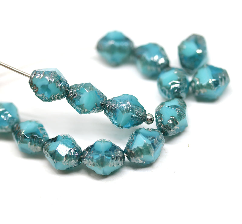 8x6mm Sea blue bicone czech glass beads with silver edges - 15Pc