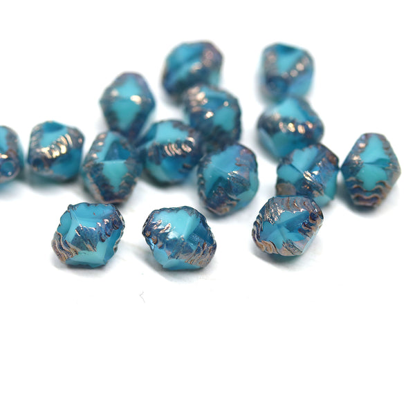 8x6mm Sea blue bicone czech glass beads with copper edges - 15Pc