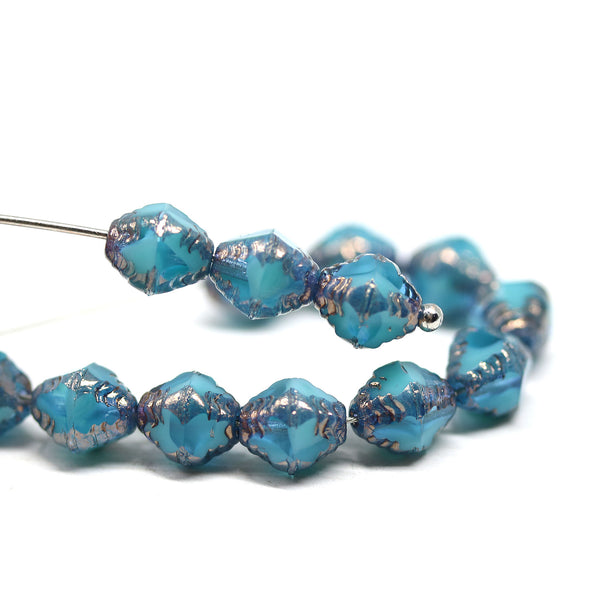 8x6mm Sea blue bicone czech glass beads with copper edges - 15Pc