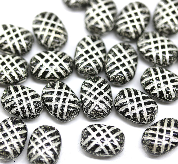 10x7mm Puffy oval black czech glass pressed beads, silver wash, 25pc