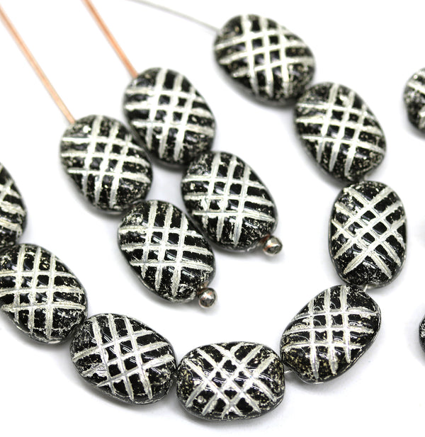 10x7mm Puffy oval black czech glass pressed beads, silver wash, 25pc