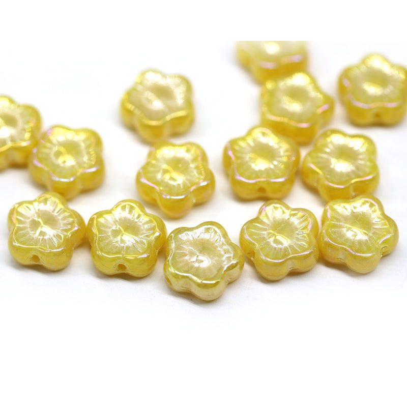 10mm Opaque yellow flower czech glass bead AB finish, 15pc