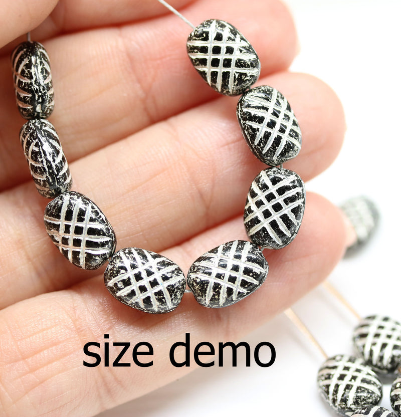 10x7mm Puffy oval black czech glass pressed beads, silver wash, 25pc