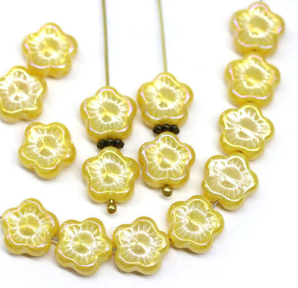 10mm Opaque yellow flower czech glass bead AB finish, 15pc