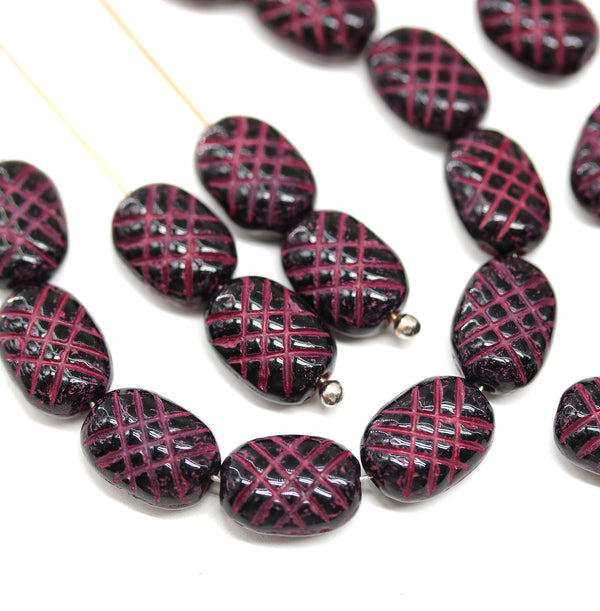 10x7mm Puffy oval black czech glass pressed beads, dark pink wash, 25pc