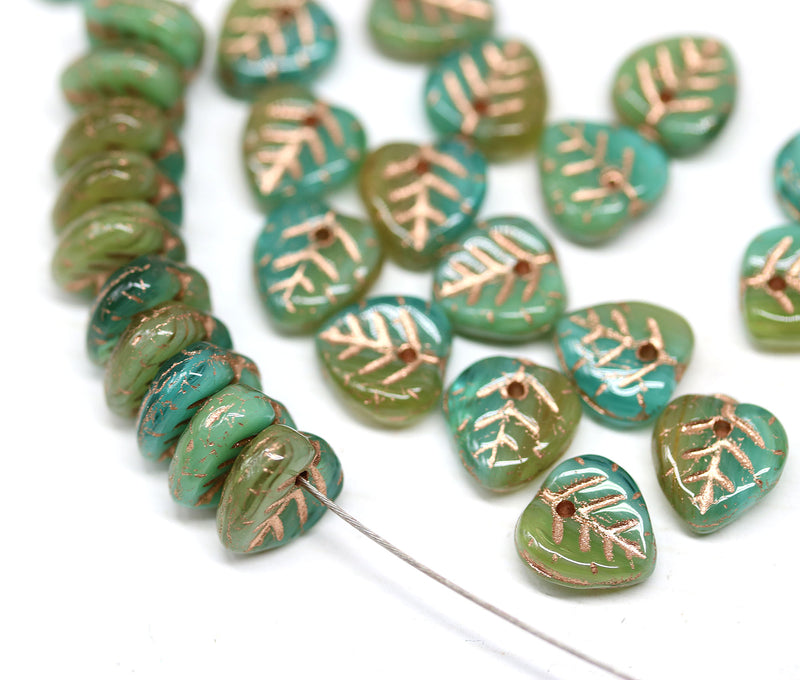 9mm Mixed green heart shaped leaf green with copper wash - 30pc