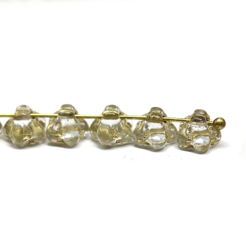7mm Button style flower glass beads Crystal clear gold wash - 25pc