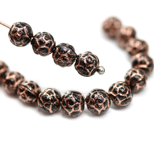 5mm Black rose bud beads, copper wash rose flower round bead, 50pc