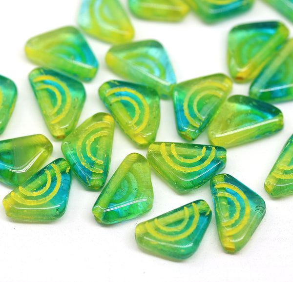 12x7mm Blue green triangle beads yellow ornament Czech glass, 25Pc