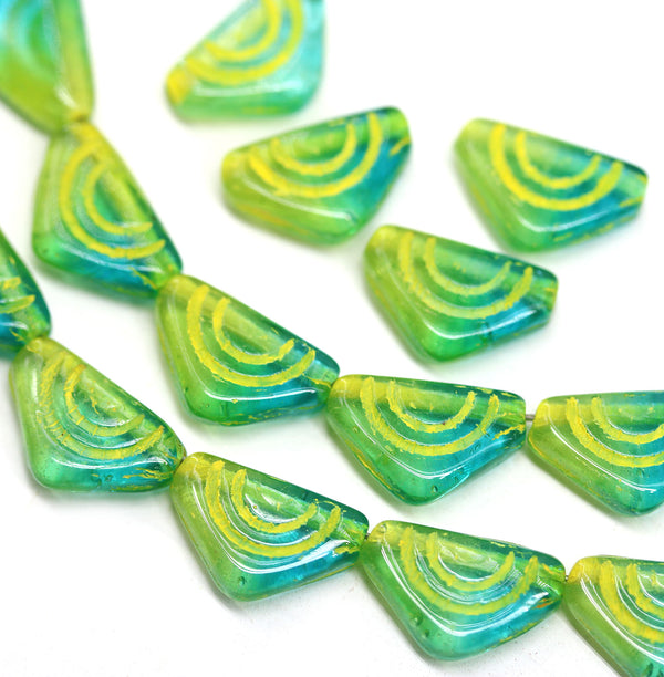 12x7mm Blue green triangle beads yellow ornament Czech glass, 25Pc