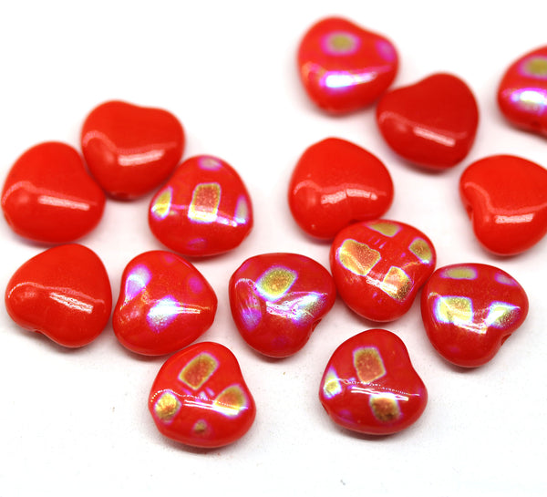 8mm Red heart Czech glass pressed beads, AB ornament, 20Pc