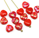 8mm Red heart Czech glass pressed beads, AB ornament, 20Pc