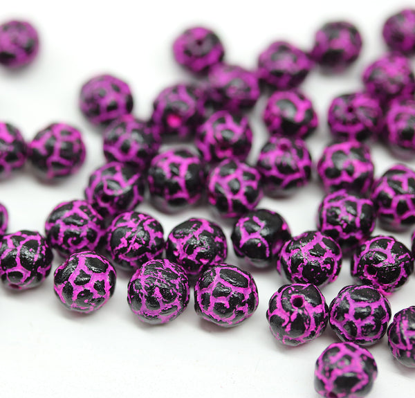 5mm Black rose bud beads, pink wash rose flower round bead, 50pc
