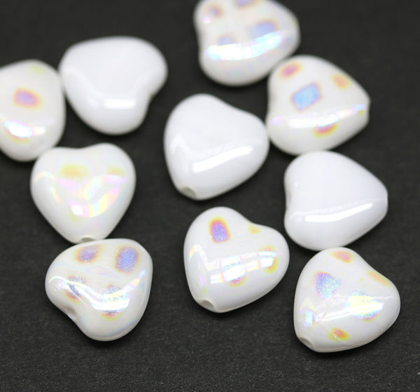10mm White czech glass heart AB finish ornament - 10Pc