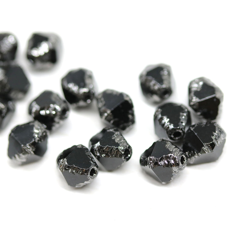 8x6mm Jet black bicone czech glass beads silver edges - 15Pc