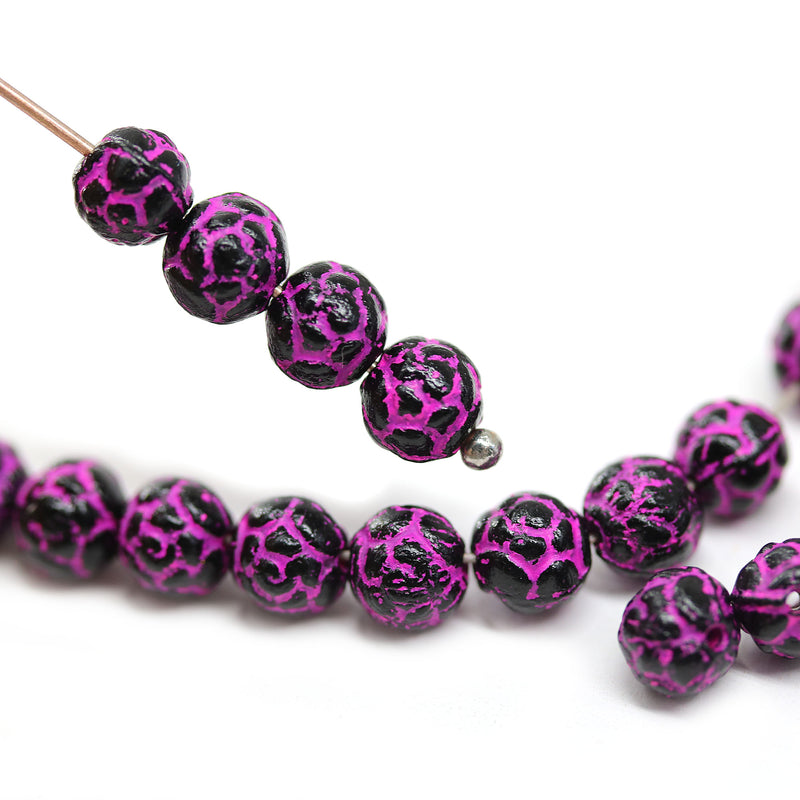 5mm Black rose bud beads, pink wash rose flower round bead, 50pc
