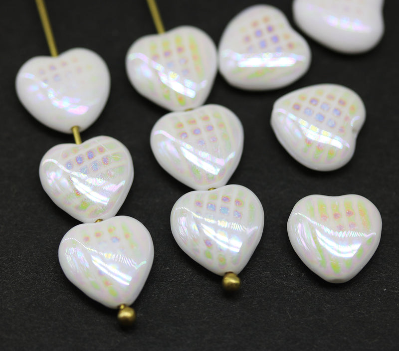 10mm White czech glass heart AB finish ornament - 10Pc
