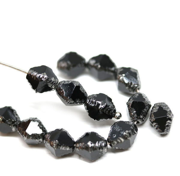8x6mm Jet black bicone czech glass beads silver edges - 15Pc