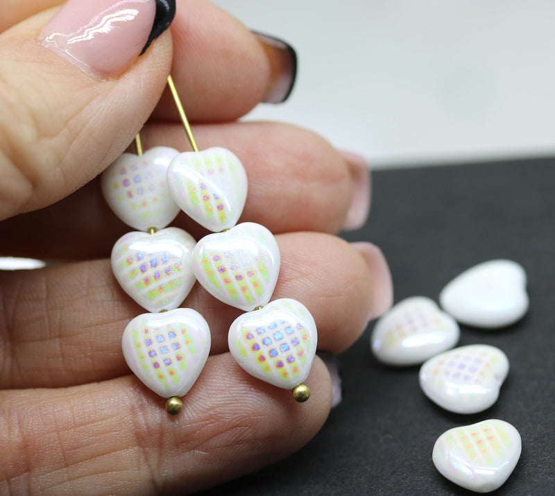 10mm White czech glass heart AB finish ornament - 10Pc