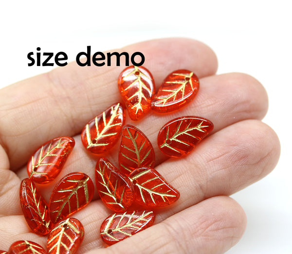 14x9mm Frosted orange Czech glass leaves, gold wash, 15pc