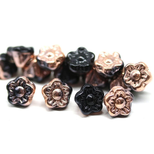 7mm Button style flower glass beads Black copper luster - 25pc