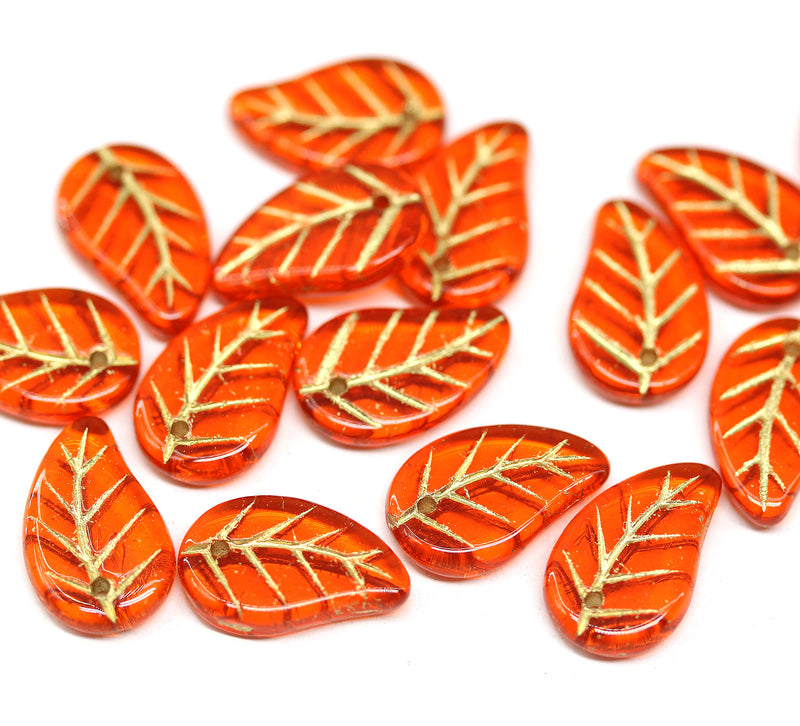 14x9mm Orange Czech glass leaves, gold wash, 15pc