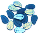 14x9mm Frosted capri blue Czech glass leaves, 15pc