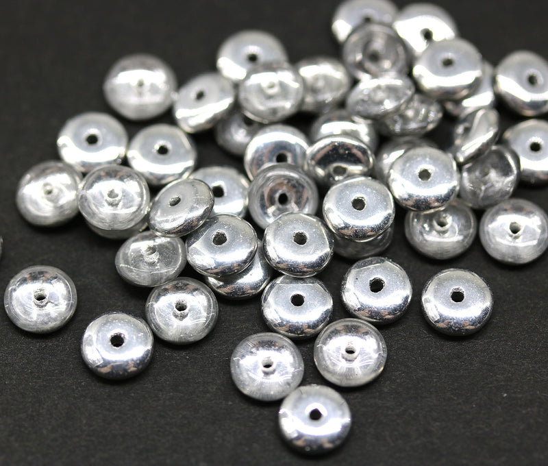 6mm Silver czech glass rondelle spacer beads, 50pc
