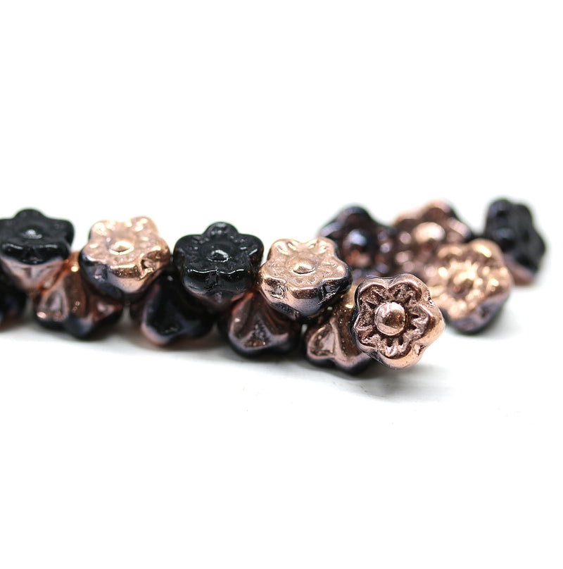 7mm Button style flower glass beads Black copper luster - 25pc