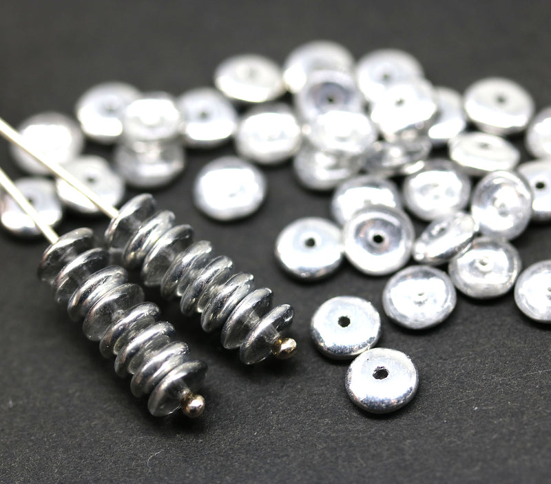6mm Silver czech glass rondelle spacer beads, 50pc