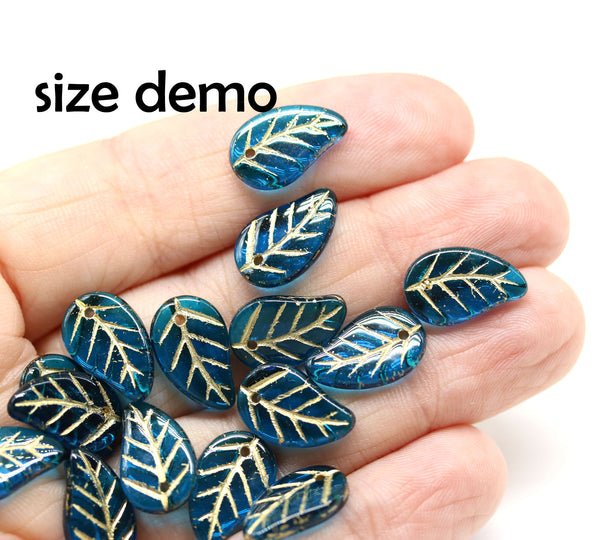 14x9mm Capri blue Czech glass leaves, luster, 15pc