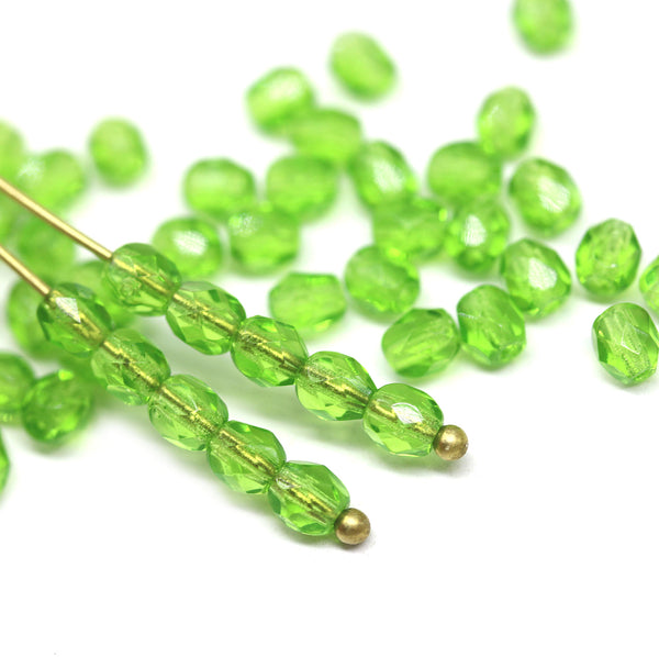 4mm Light grass green czech glass beads fire polished spacers, 50Pc