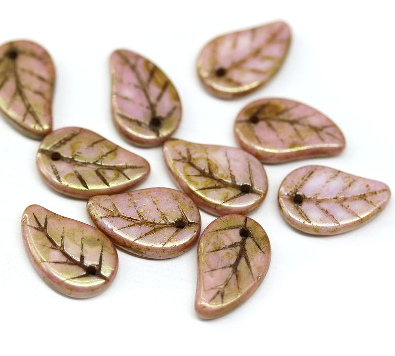 14x9mm Pink picasso Czech glass leaves, 10pc