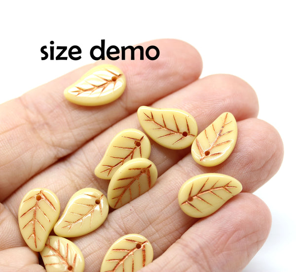 14x9mm Beige Czech glass leaves, copper inlays, 10pc