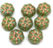 12mm Green puffy pansy flower czech glass, copper wash, 8pc