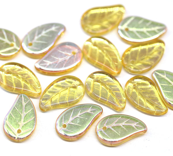 14x9mm Yellow Czech glass leaves with luster, 15pc